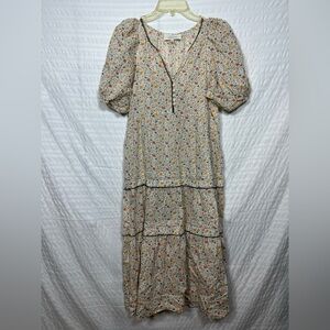 The GREAT. Cream Peach Orange Whipstitch Ravine Dress with Puff Sleeves Size 1/S